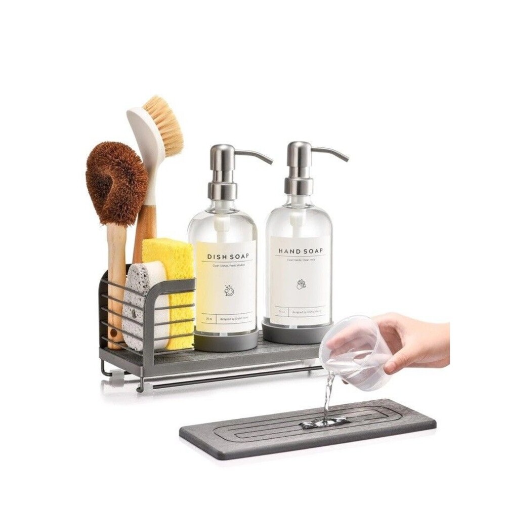 Kitchen Soap Dispenser Set with Drying Tray – 16oz Glass Bottles with Stainle...